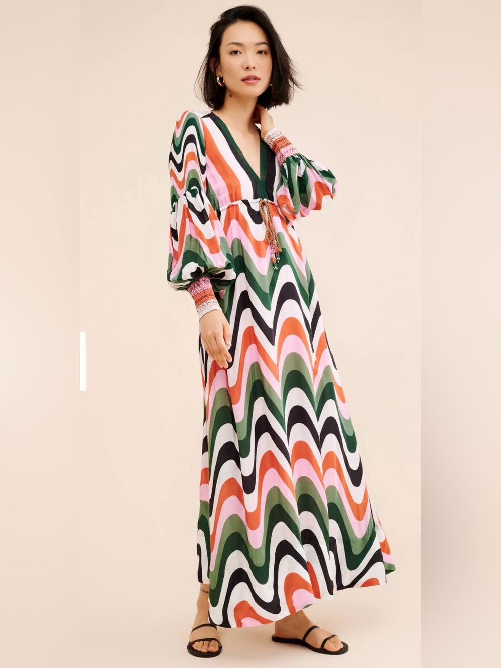 FARM Rio Wave-Print V-Neck Maxi Dress in Green, Pink & Orange XS